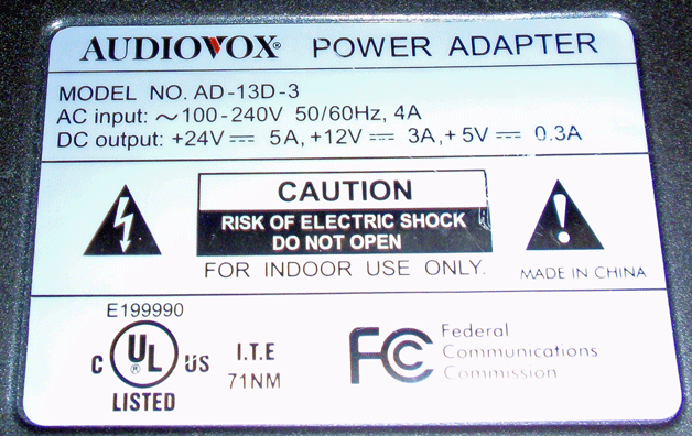 POWER ADAPTER FOR AUDIOVOX FPE3000 LCD TV